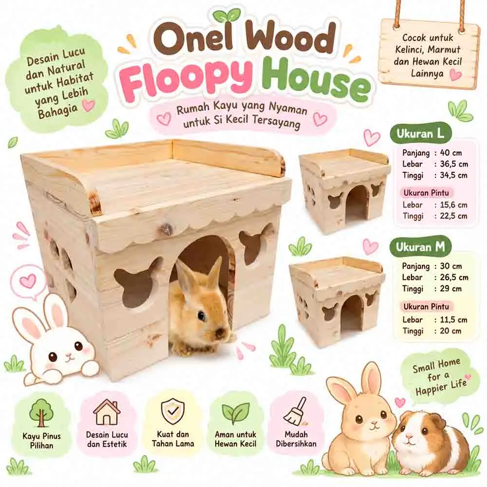 sad5 ONEL WOOD FLOOPY HOUSE / RUMAH MAIN KELINCI, MARMUT. CHINCHILLA / HIDEOUT - Image 1