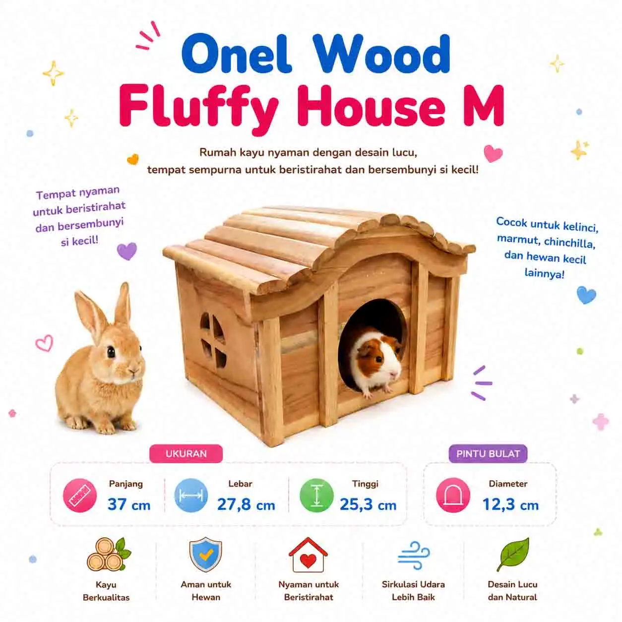 web ONEL WOOD FLUFFY HOUSE M/RUMAH KELINCI GUINEA PIG CHINCHILLA/TEMPAT SEMBUNYI KELINCI/HIDEOUT KELINCI CHINCHILLA/TUNNEL/RABBIT HOUSE - Image 1